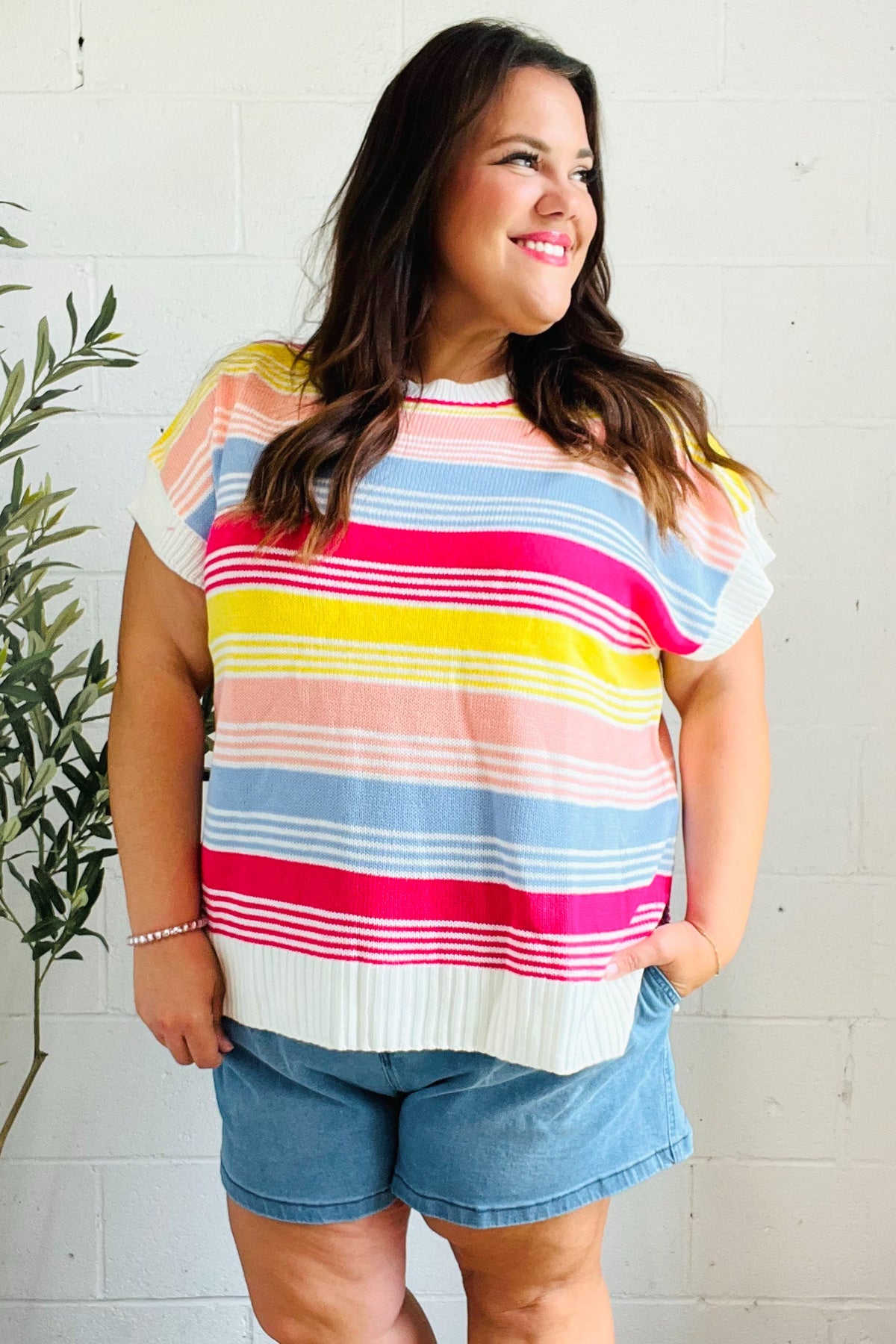 HAPTICS Blue & Fuchsia Striped Short Dolman Sleeve Knit Top