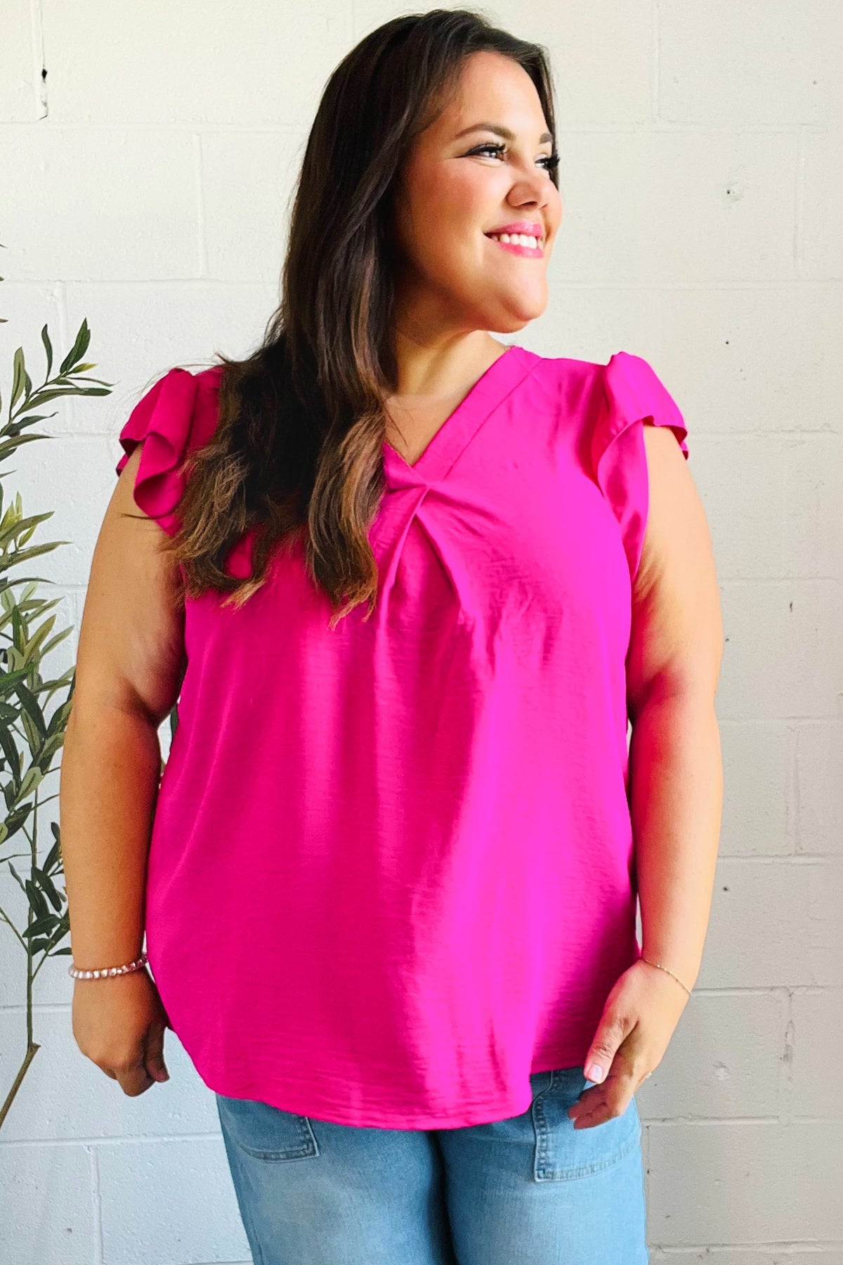 HAPTICS Fuchsia Banded V Neck Flutter Sleeve Top