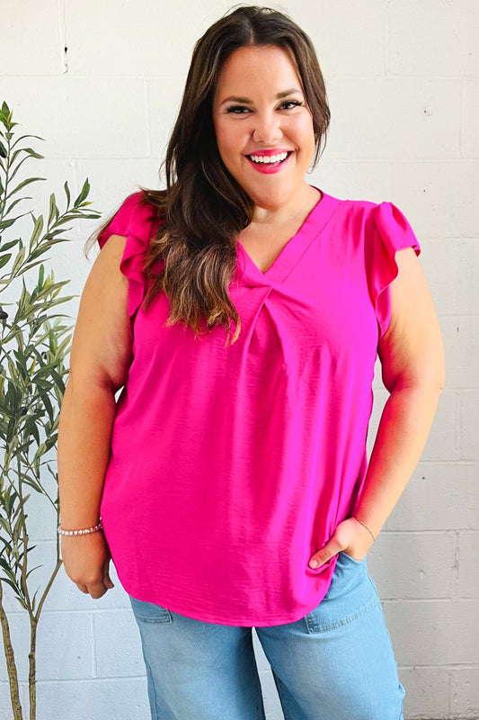 HAPTICS Fuchsia Banded V Neck Flutter Sleeve Top