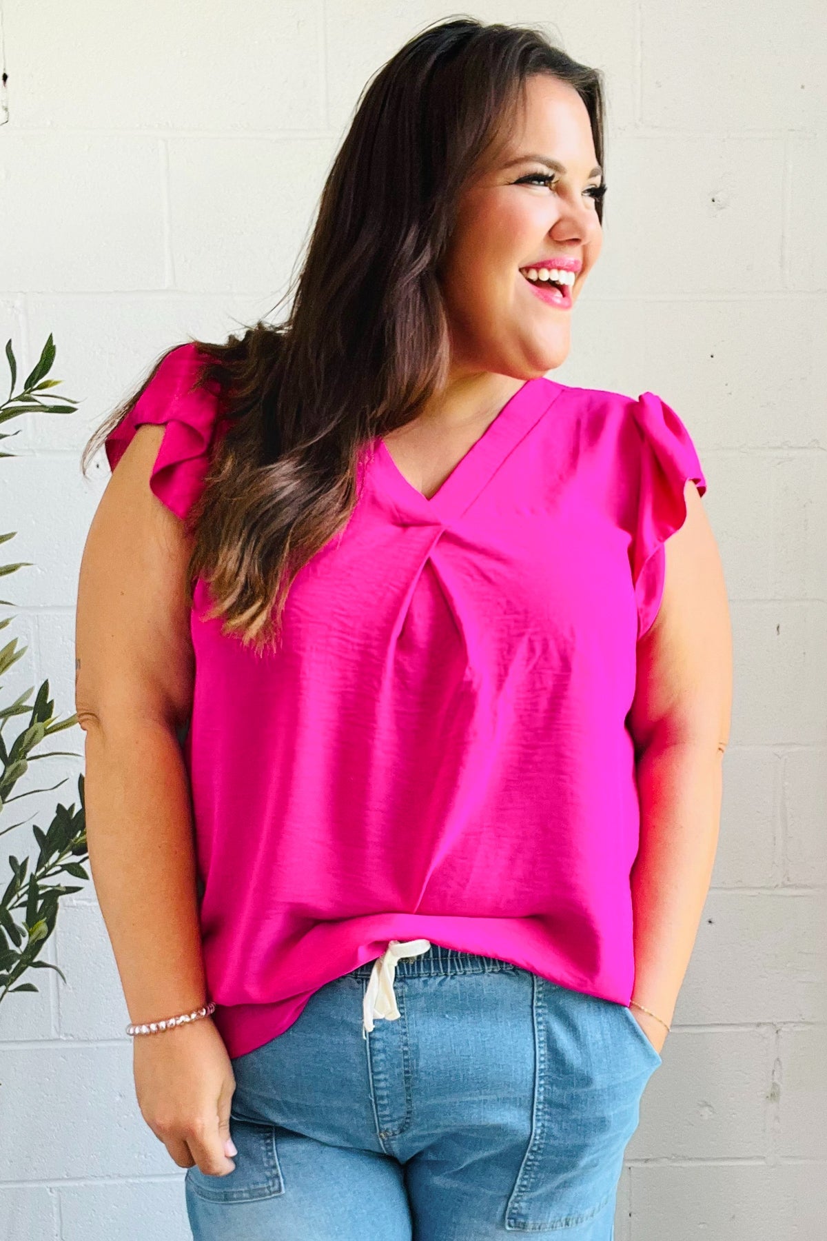 HAPTICS Fuchsia Banded V Neck Flutter Sleeve Top