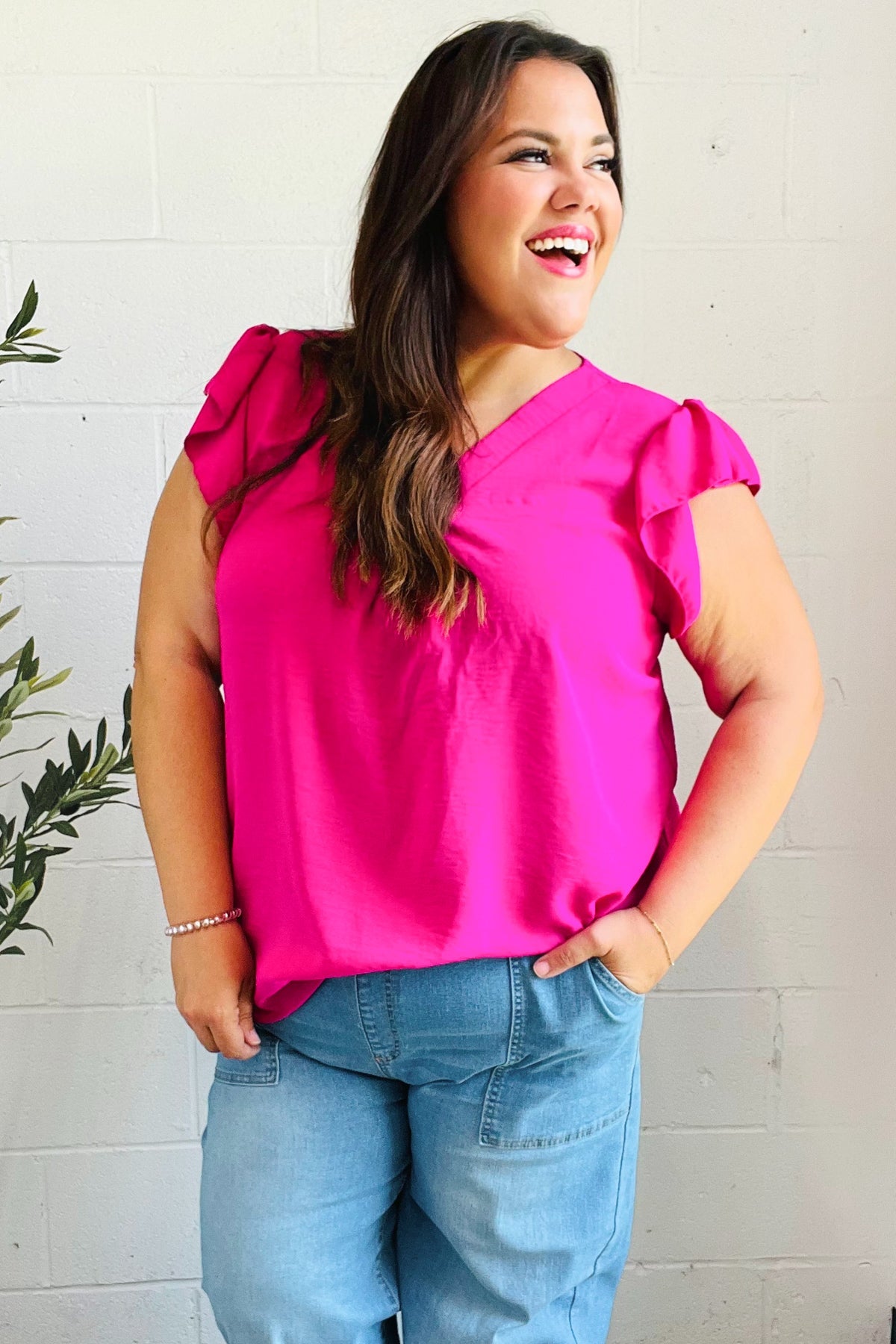 HAPTICS Fuchsia Banded V Neck Flutter Sleeve Top