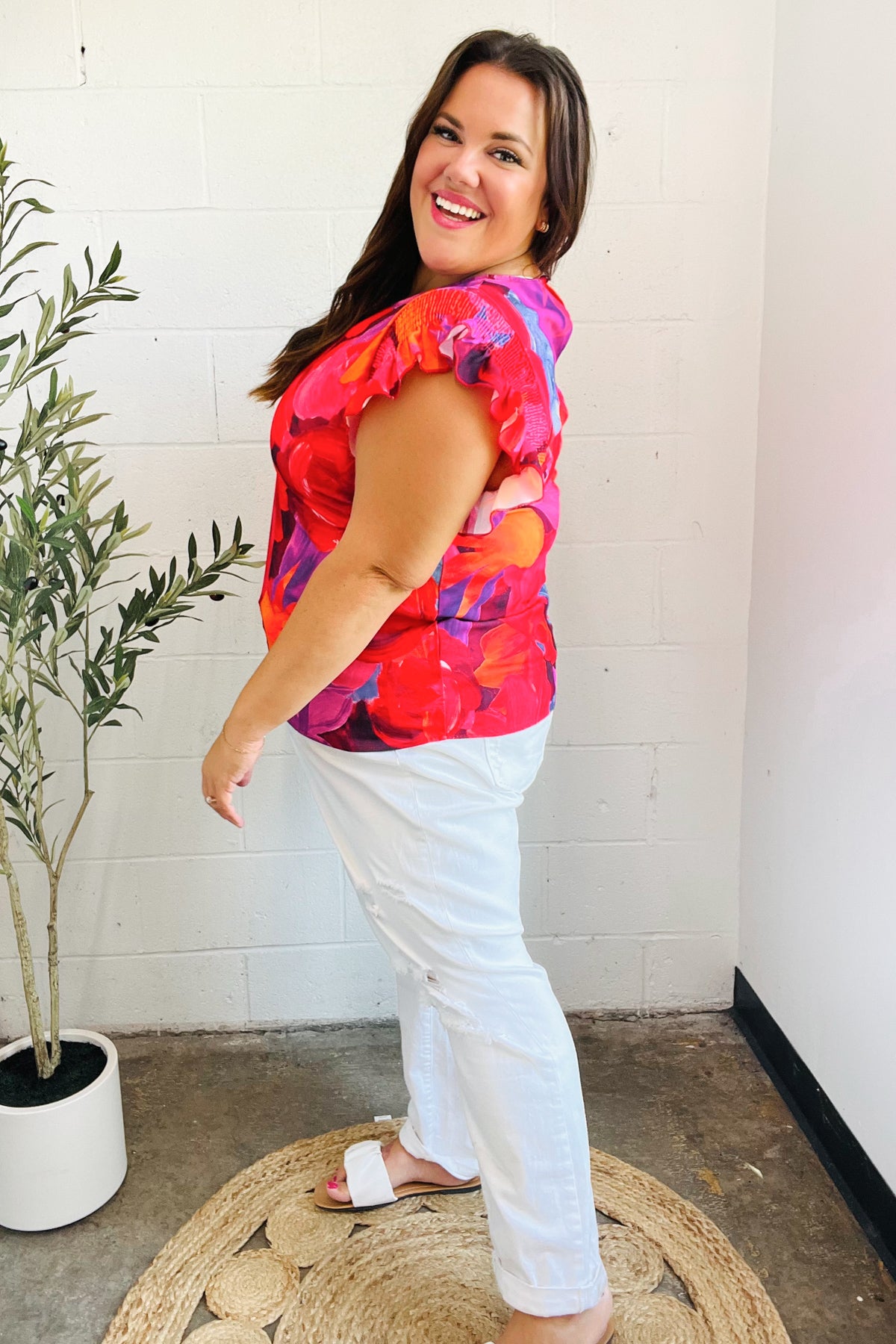 HAPTICS Red & Fuchsia Floral Smocked Ruffle Frill Sleeve Top