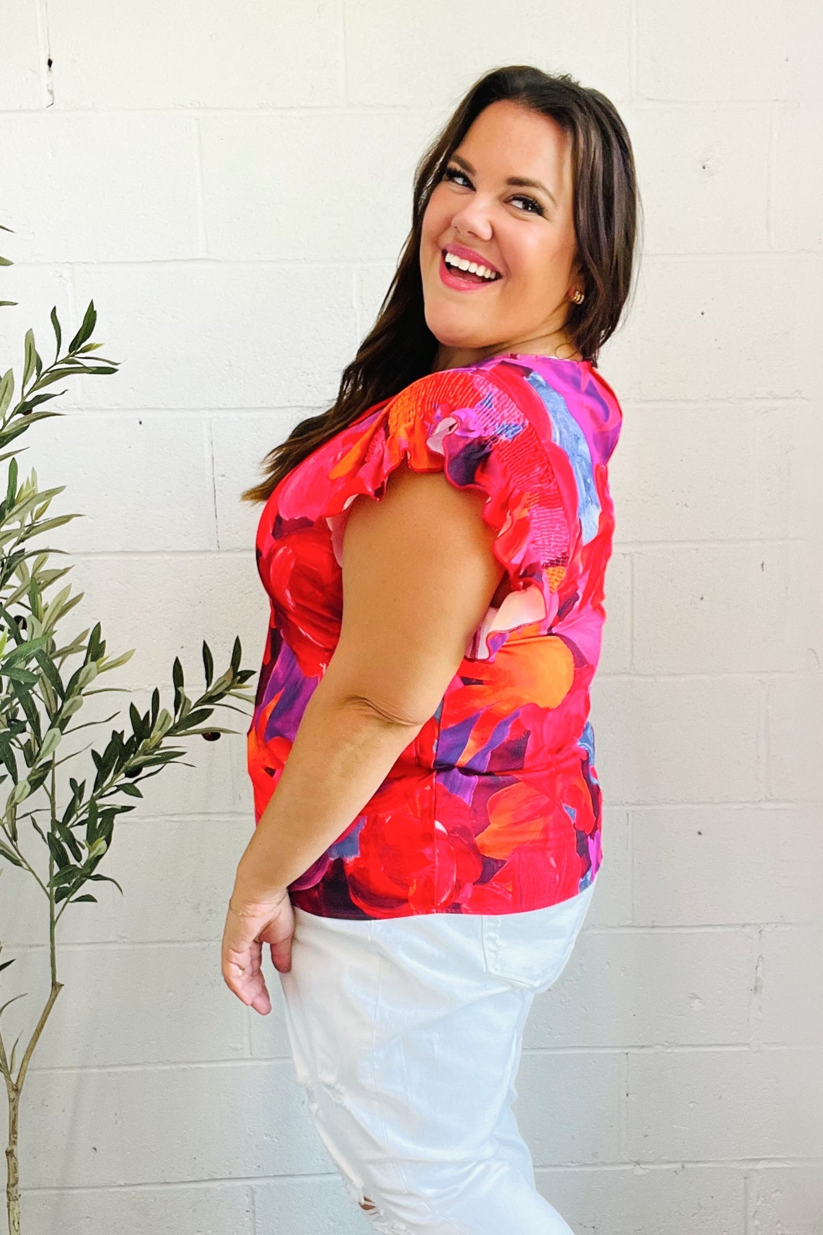 HAPTICS Red & Fuchsia Floral Smocked Ruffle Frill Sleeve Top