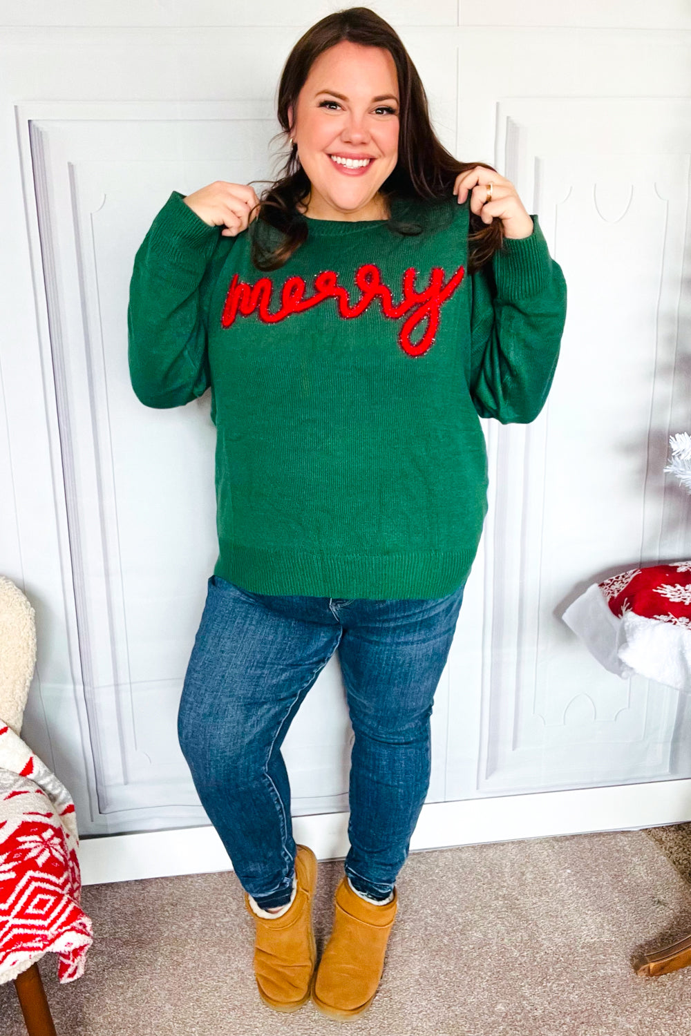 Haptics Hunter Green "Merry" Pop Up Lurex Sweater