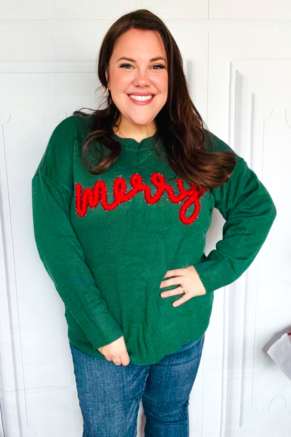 Haptics Hunter Green "Merry" Pop Up Lurex Sweater