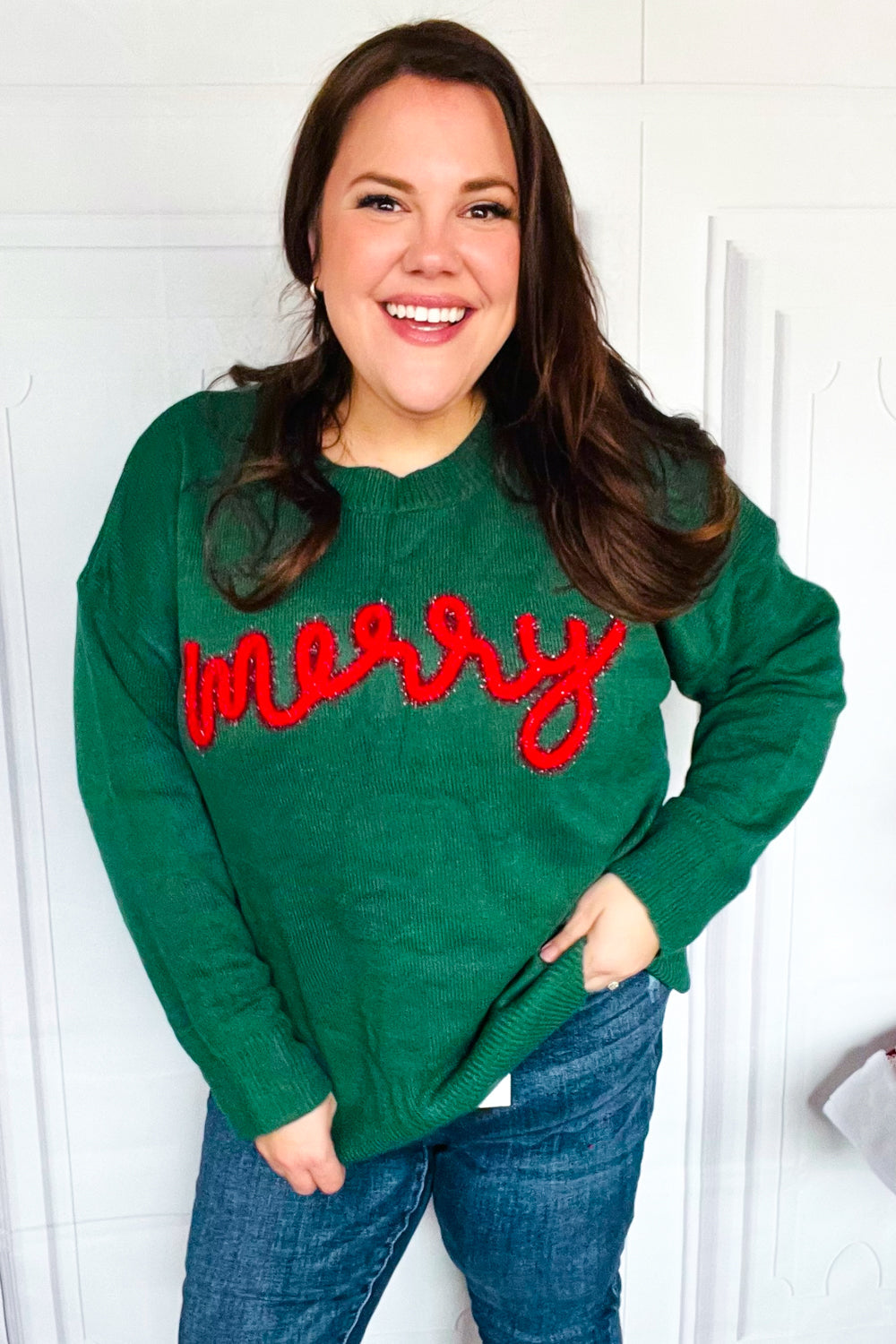 Haptics Hunter Green "Merry" Pop Up Lurex Sweater