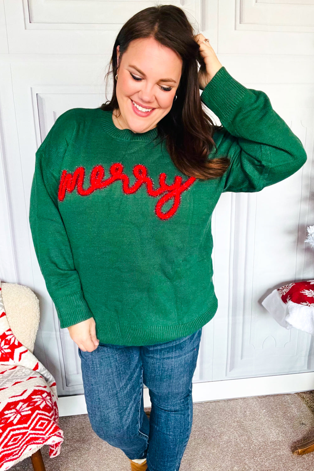 Haptics Hunter Green "Merry" Pop Up Lurex Sweater