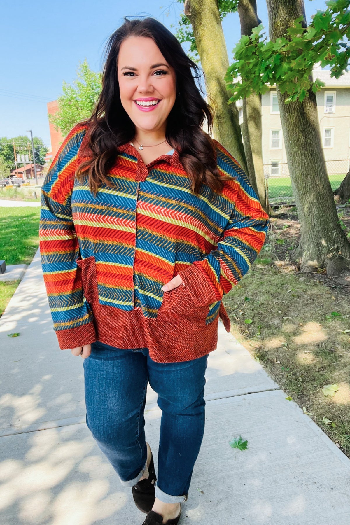 Haptics Rust & Teal Striped Two Tone Knit Pocketed Top