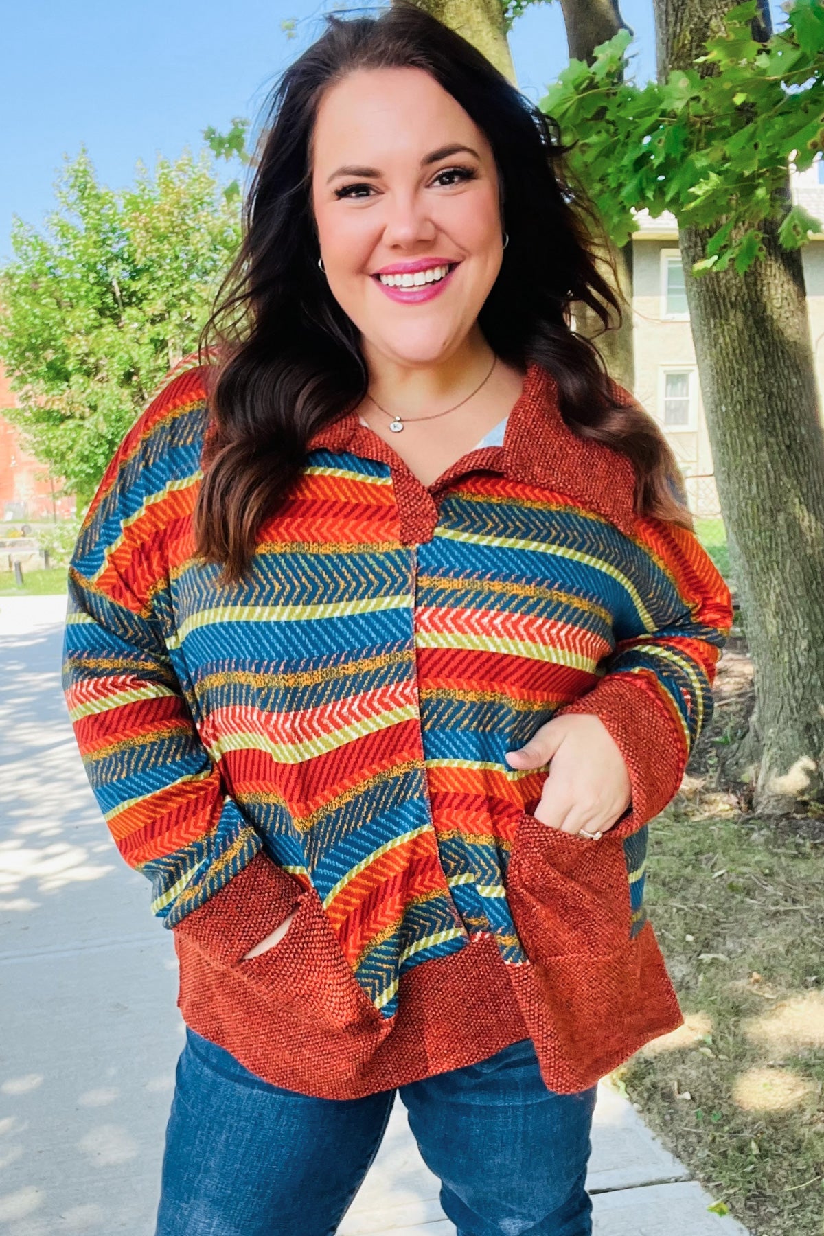 Haptics Rust & Teal Striped Two Tone Knit Pocketed Top