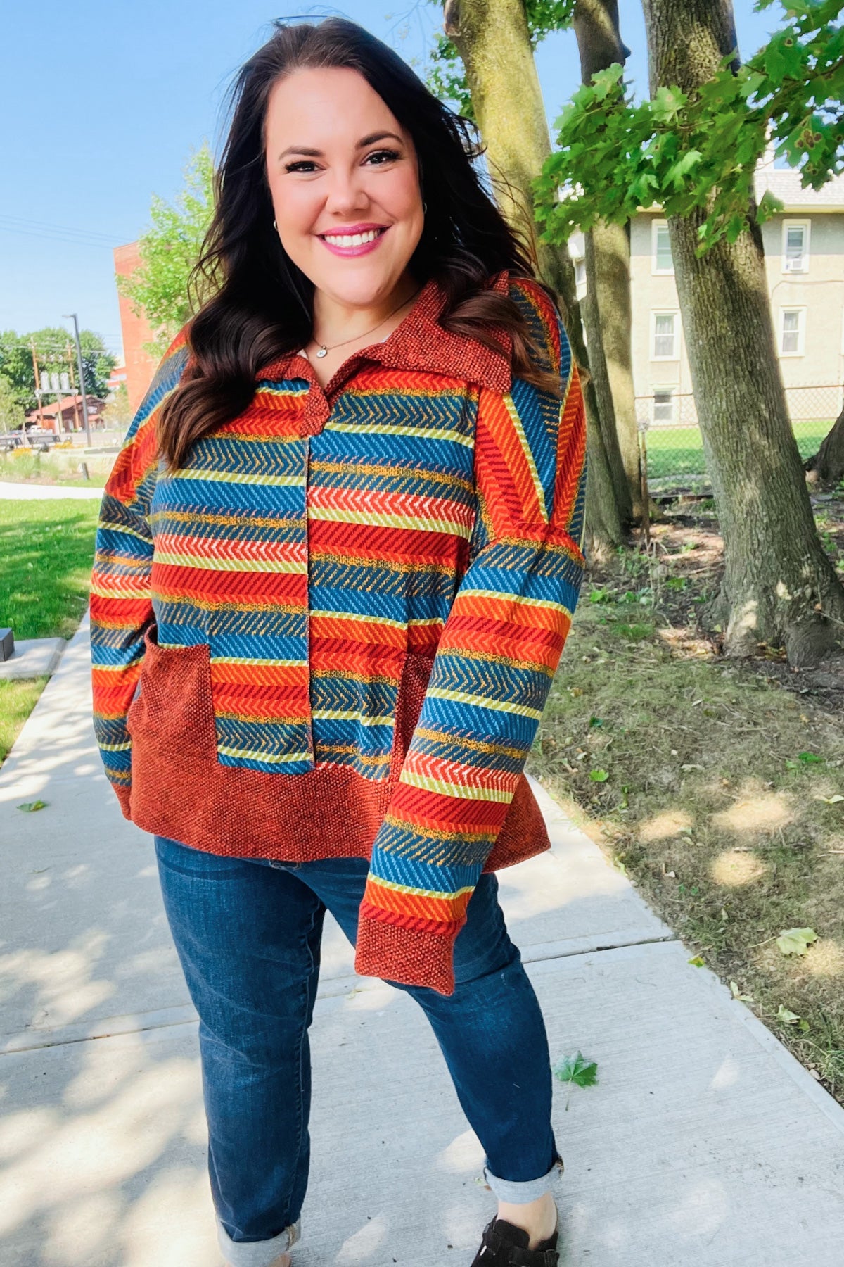 Haptics Rust & Teal Striped Two Tone Knit Pocketed Top