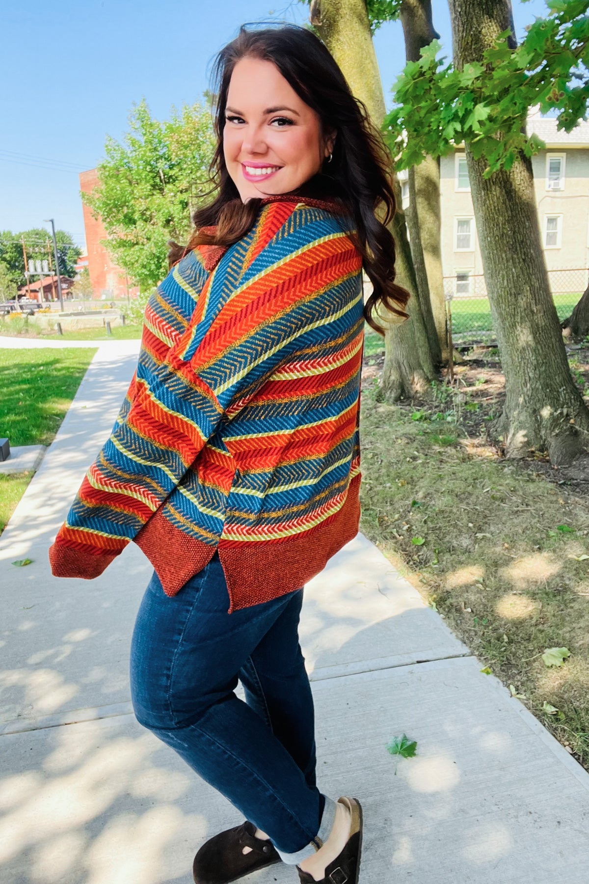 Haptics Rust & Teal Striped Two Tone Knit Pocketed Top