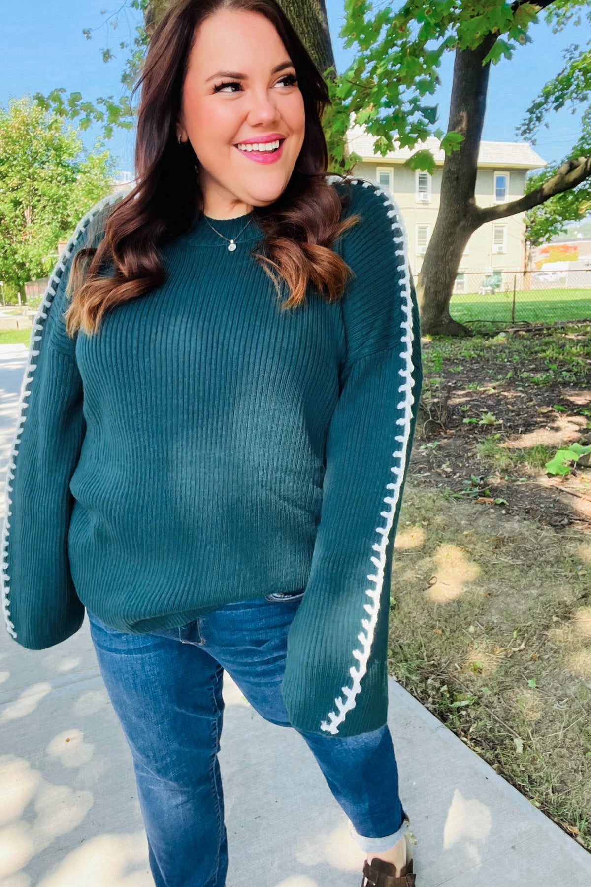 Haptics Hunter Green Rib Knit Stitch Detail Oversized Sweater