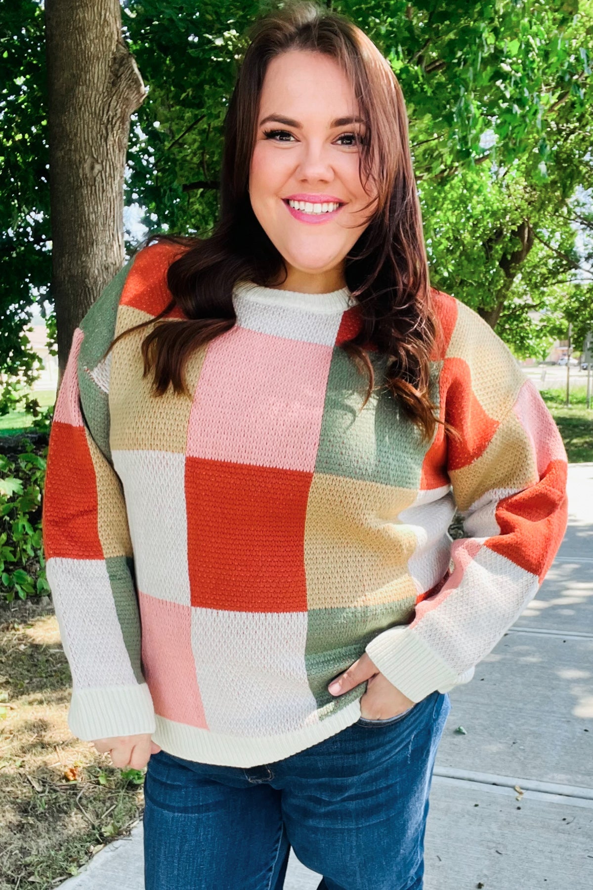 Haptics Ivory & Rust Checker Jacquard Knit Sweater