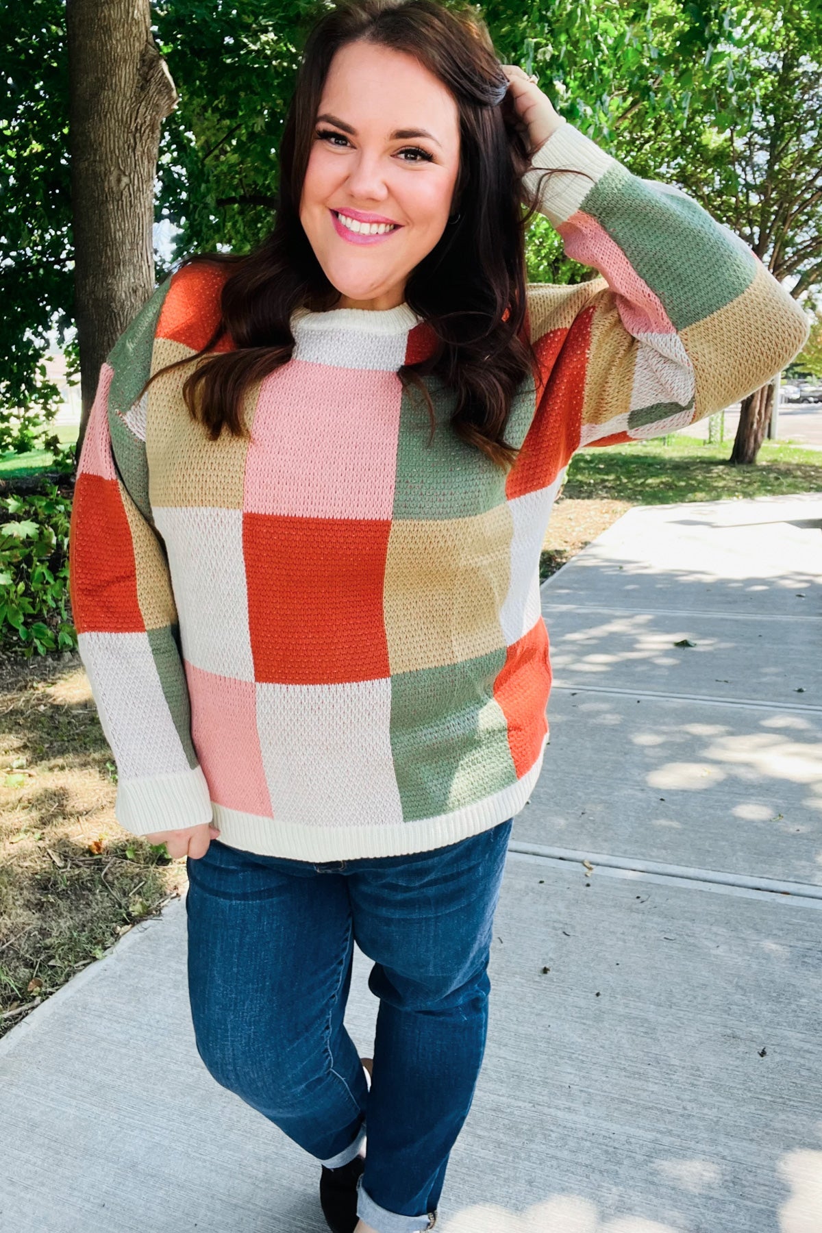 Haptics Ivory & Rust Checker Jacquard Knit Sweater