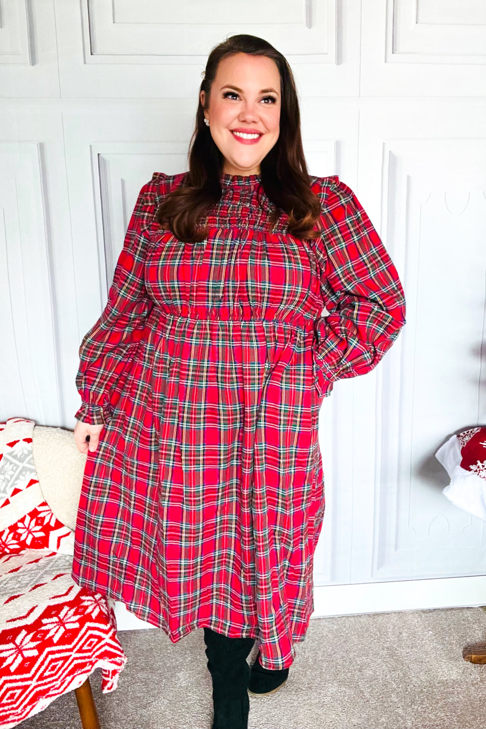 Hunter Red Plaid Check Woven Pocketed Dress