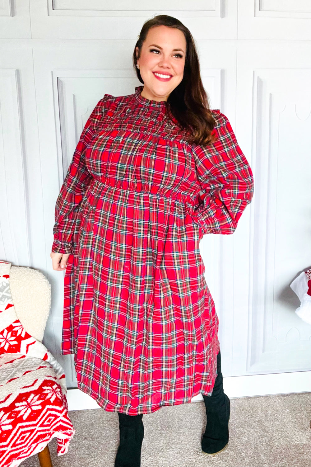 Hunter Red Plaid Check Woven Pocketed Dress