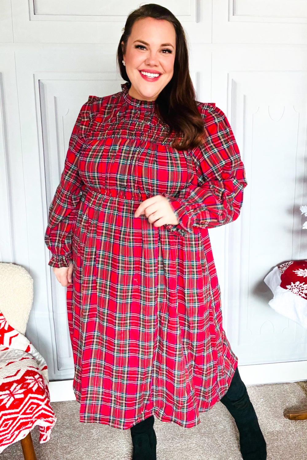 Hunter Red Plaid Check Woven Pocketed Dress