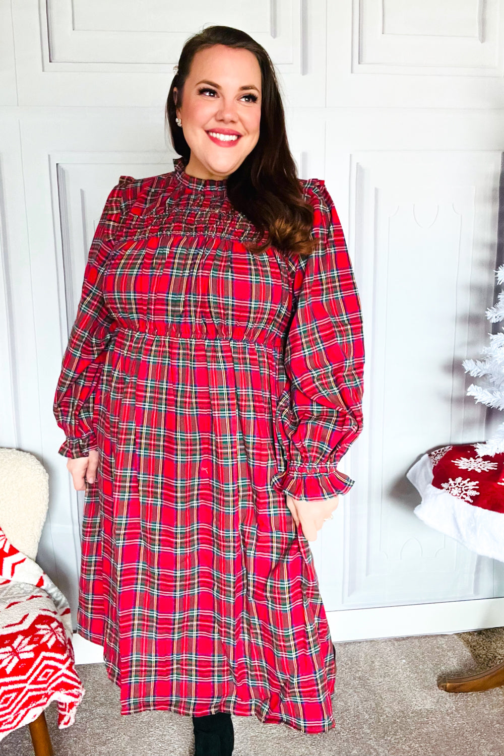 Hunter Red Plaid Check Woven Pocketed Dress