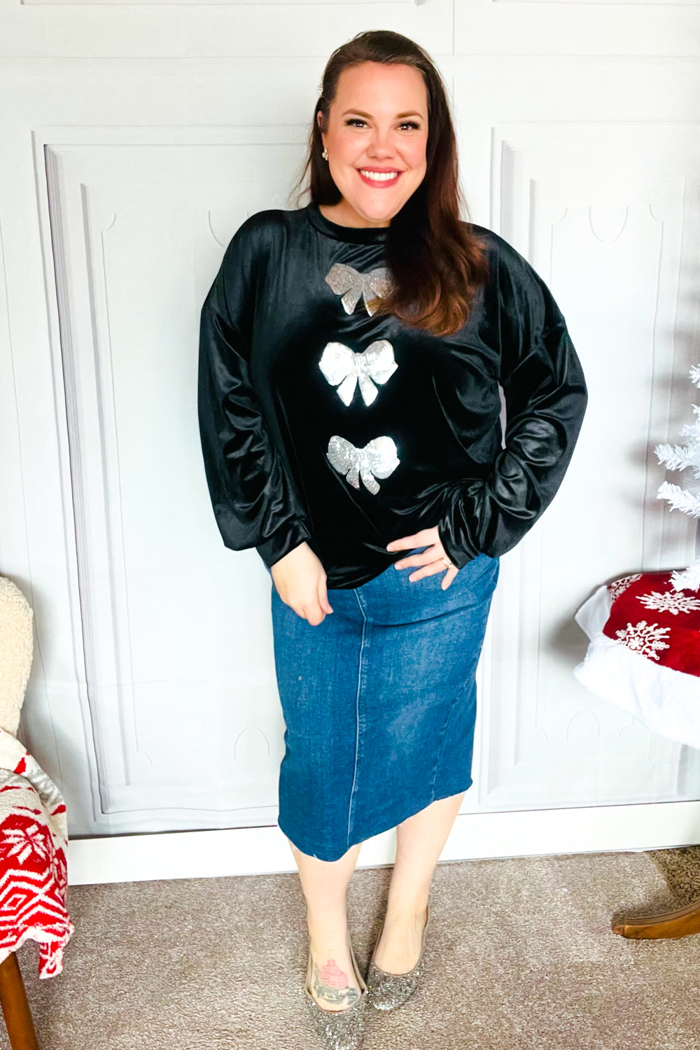 Silver Sequin Bow Velvet Pullover Top