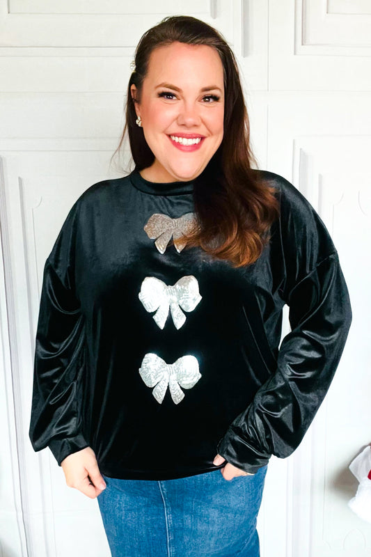 Silver Sequin Bow Velvet Pullover Top