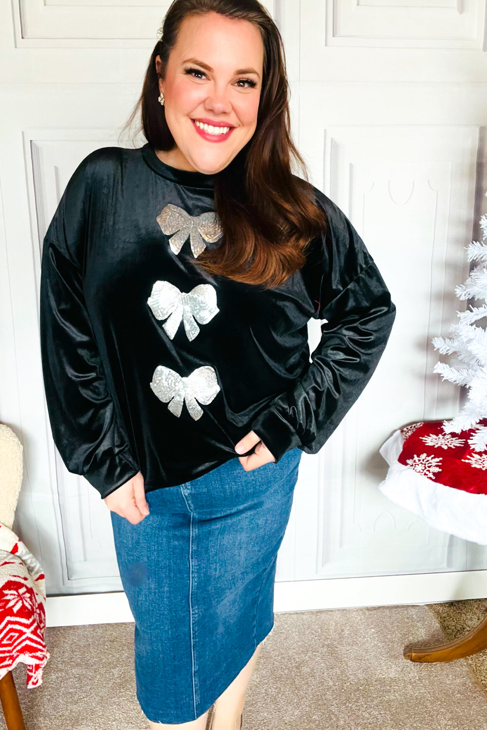 Silver Sequin Bow Velvet Pullover Top