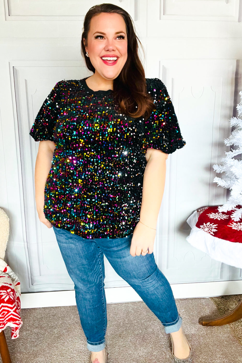 Black Velvet Multicolor Sequin Puff Sleeve Top