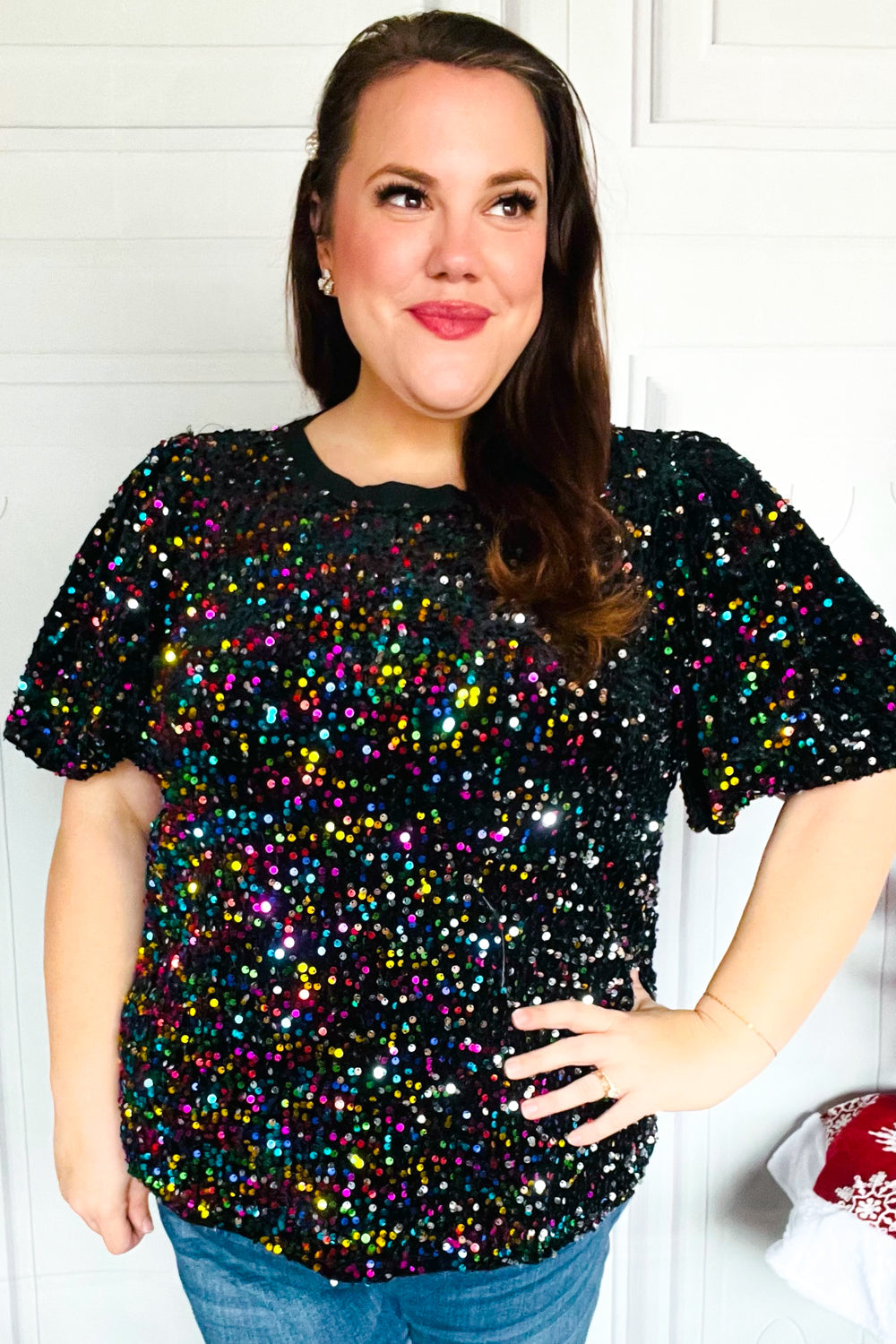 Black Velvet Multicolor Sequin Puff Sleeve Top