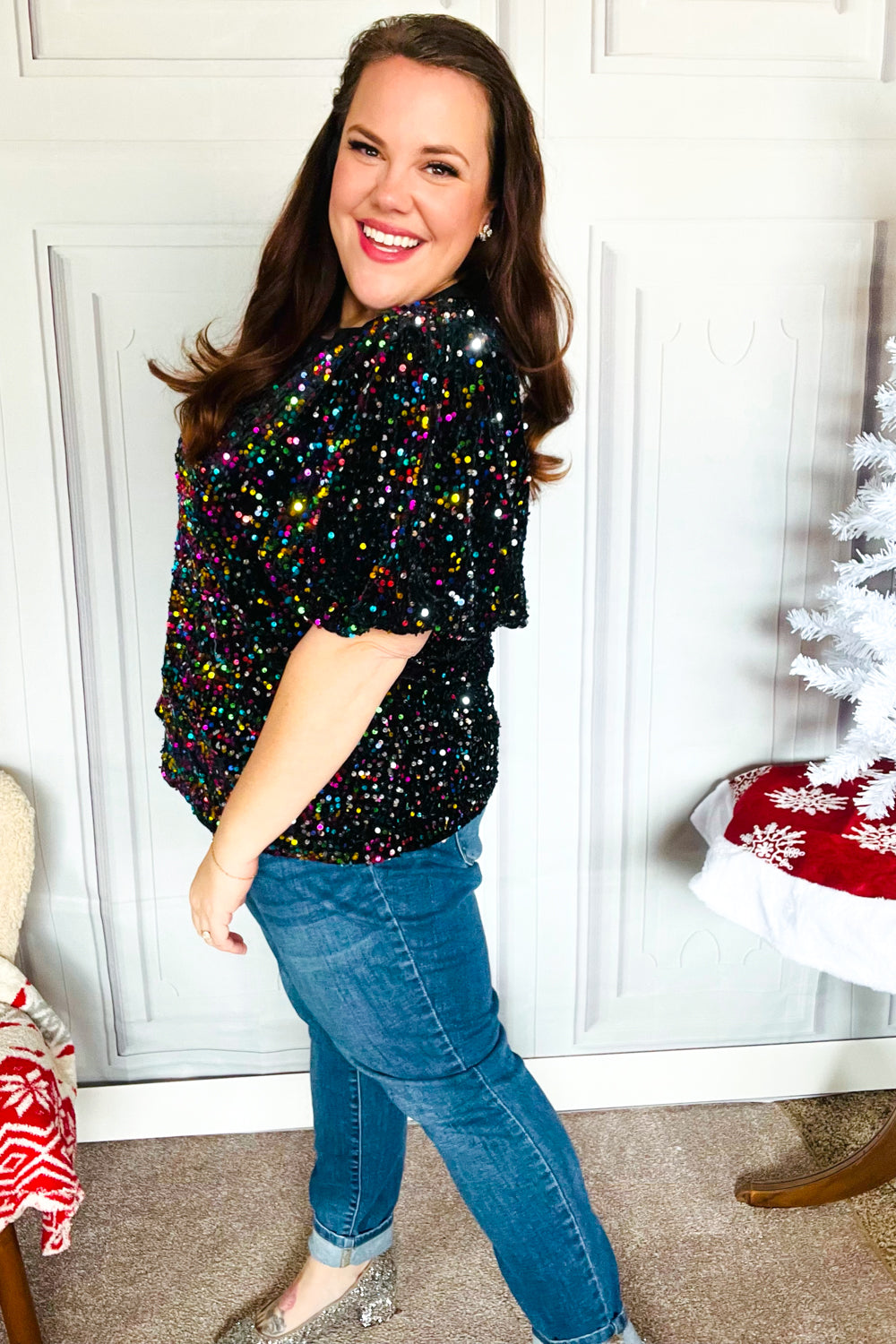 Black Velvet Multicolor Sequin Puff Sleeve Top