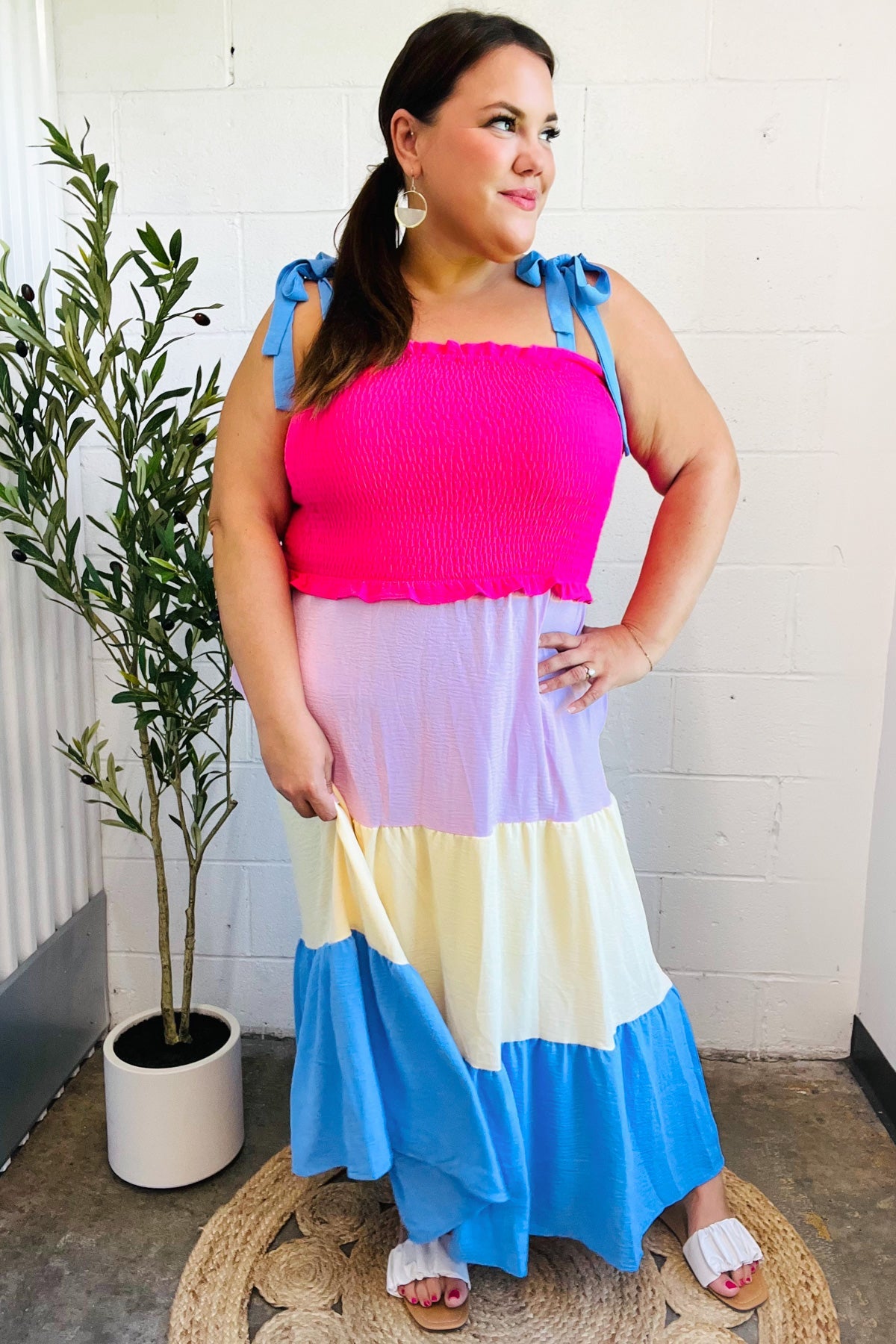 HAPTICS Hot Pink & Blue Smocked Color Block Maxi Dress