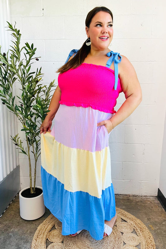 HAPTICS Hot Pink & Blue Smocked Color Block Maxi Dress