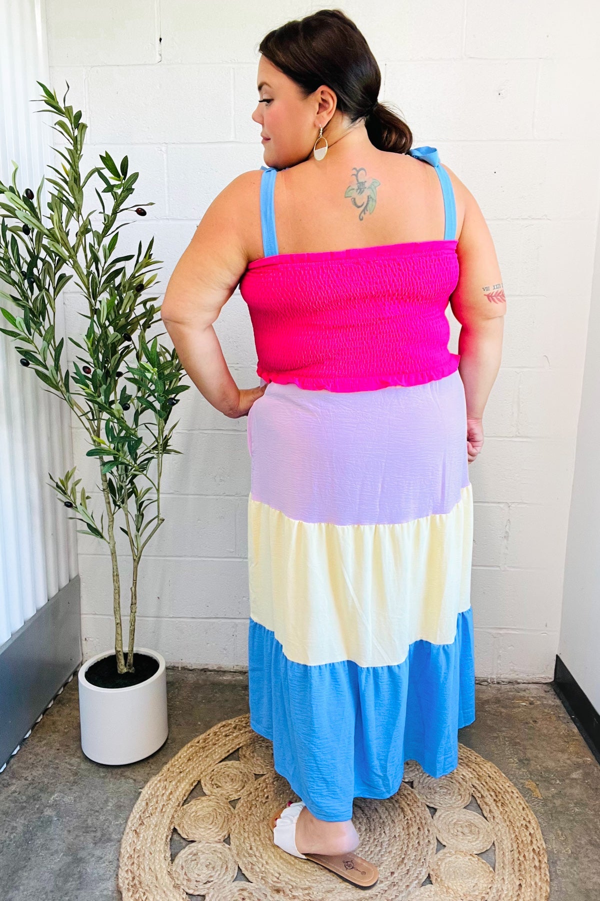 HAPTICS Hot Pink & Blue Smocked Color Block Maxi Dress