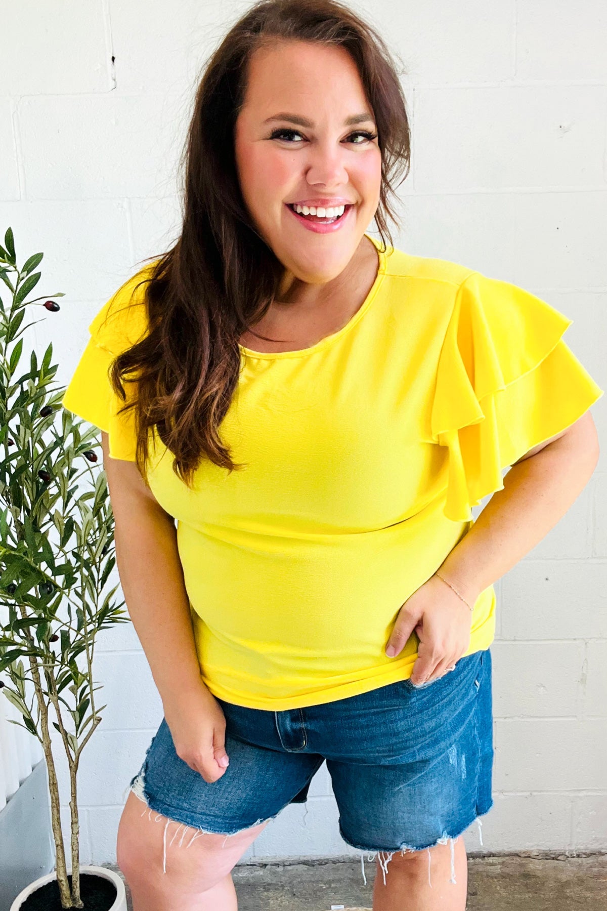 Haptics Yellow Tiered Double Ruffle Sleeve Woven Top