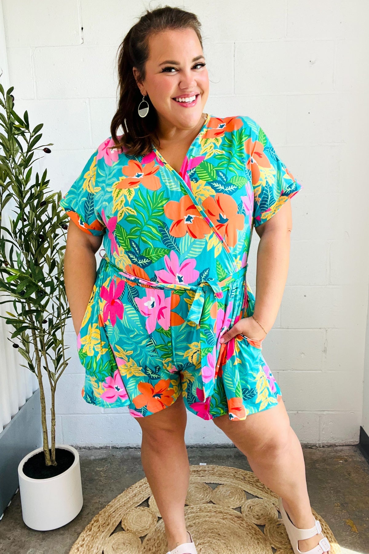 Haptics Turquoise Floral Surplice Tie Waist Romper