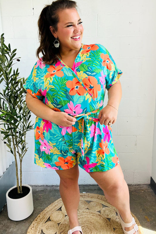 Haptics Turquoise Floral Surplice Tie Waist Romper