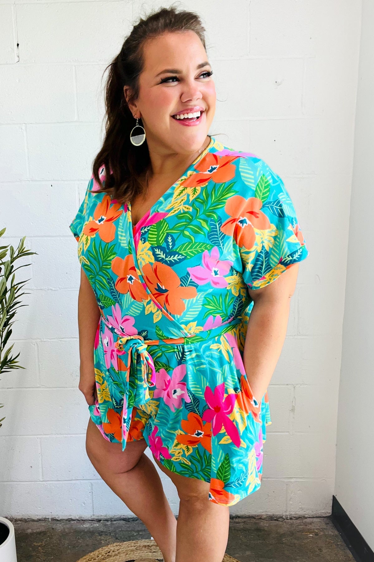 Haptics Turquoise Floral Surplice Tie Waist Romper