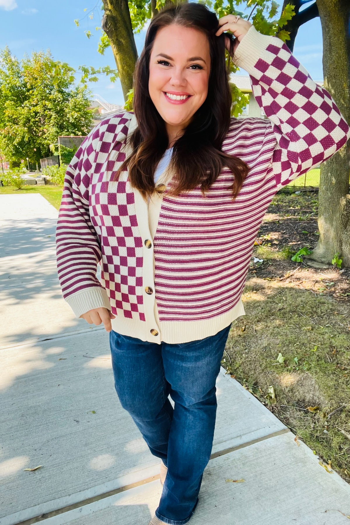 Haptics Magenta Checkered & Striped Button-Down Cardigan