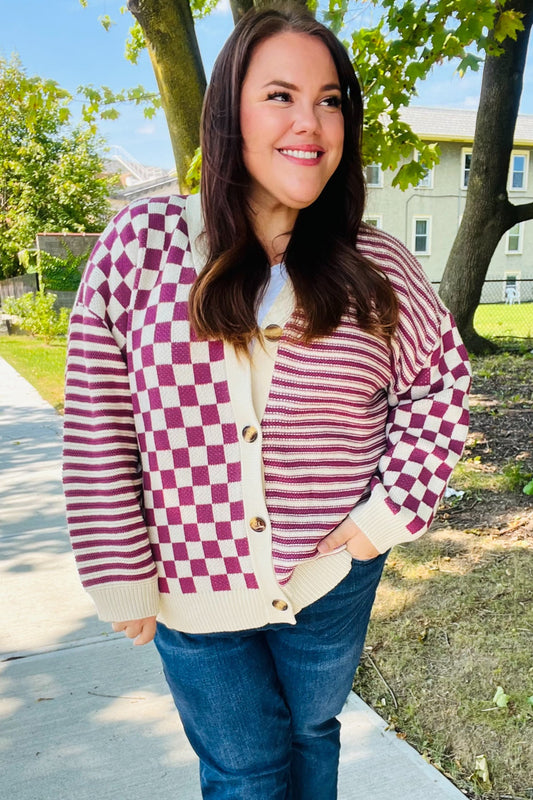 Haptics Magenta Checkered & Striped Button-Down Cardigan