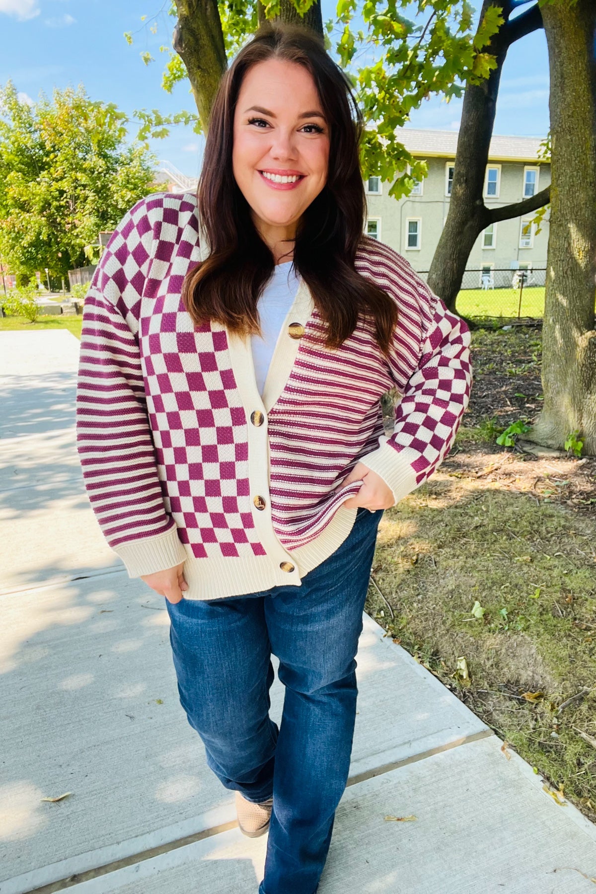 Haptics Magenta Checkered & Striped Button-Down Cardigan