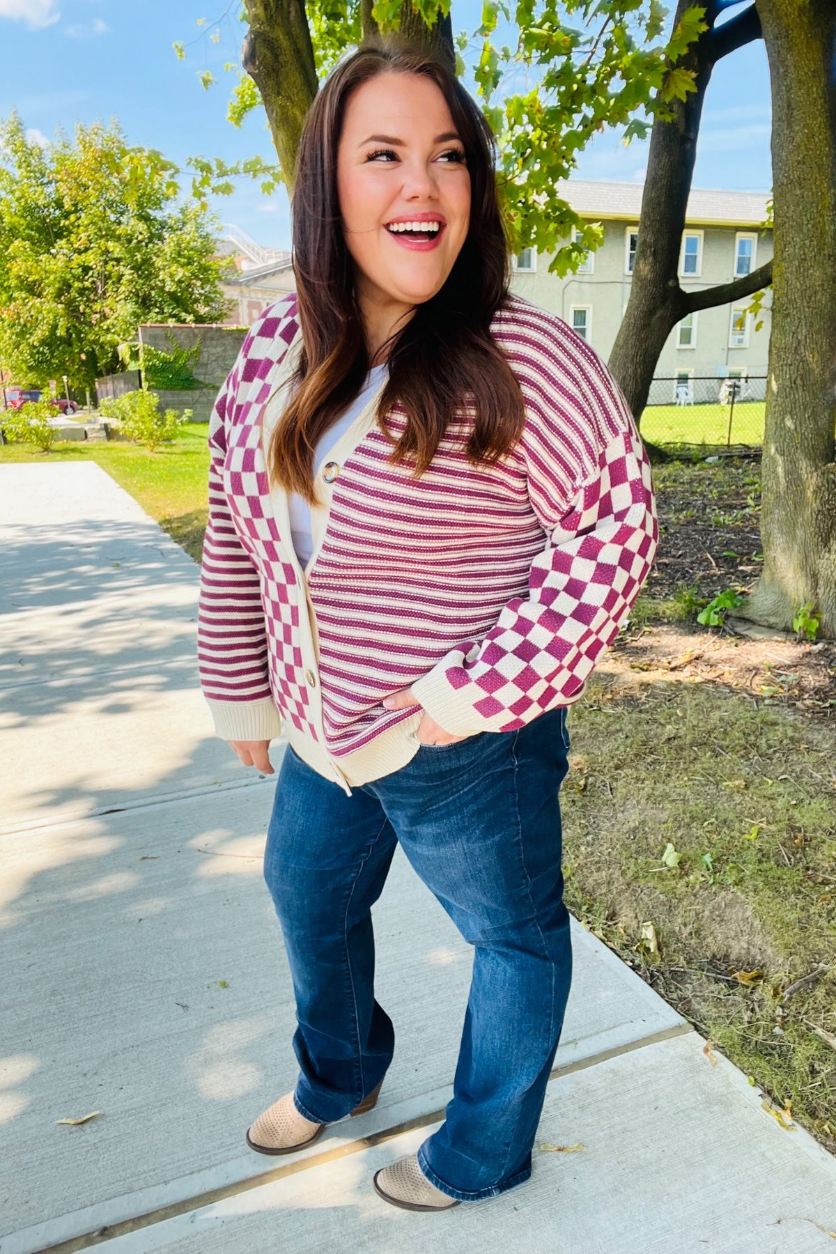 Haptics Magenta Checkered & Striped Button-Down Cardigan