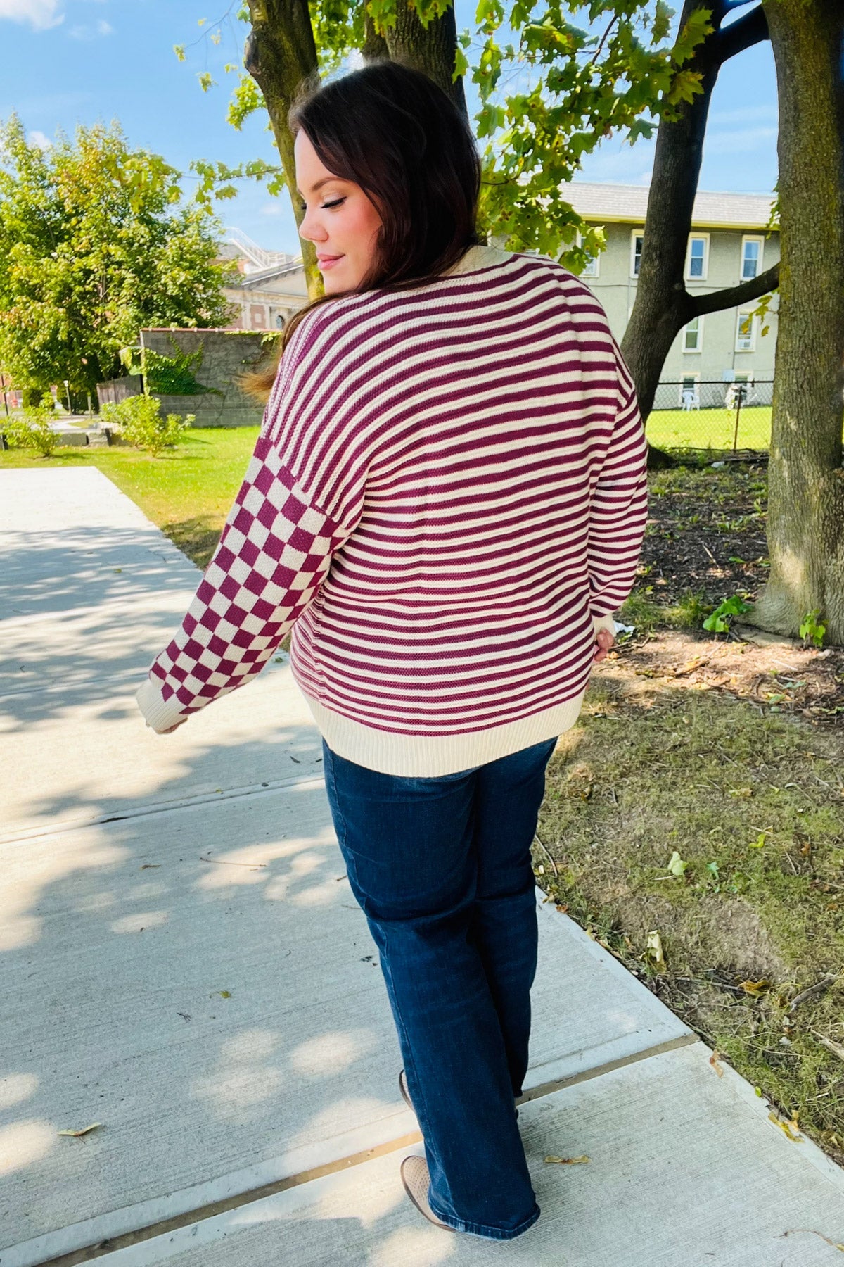 Haptics Magenta Checkered & Striped Button-Down Cardigan