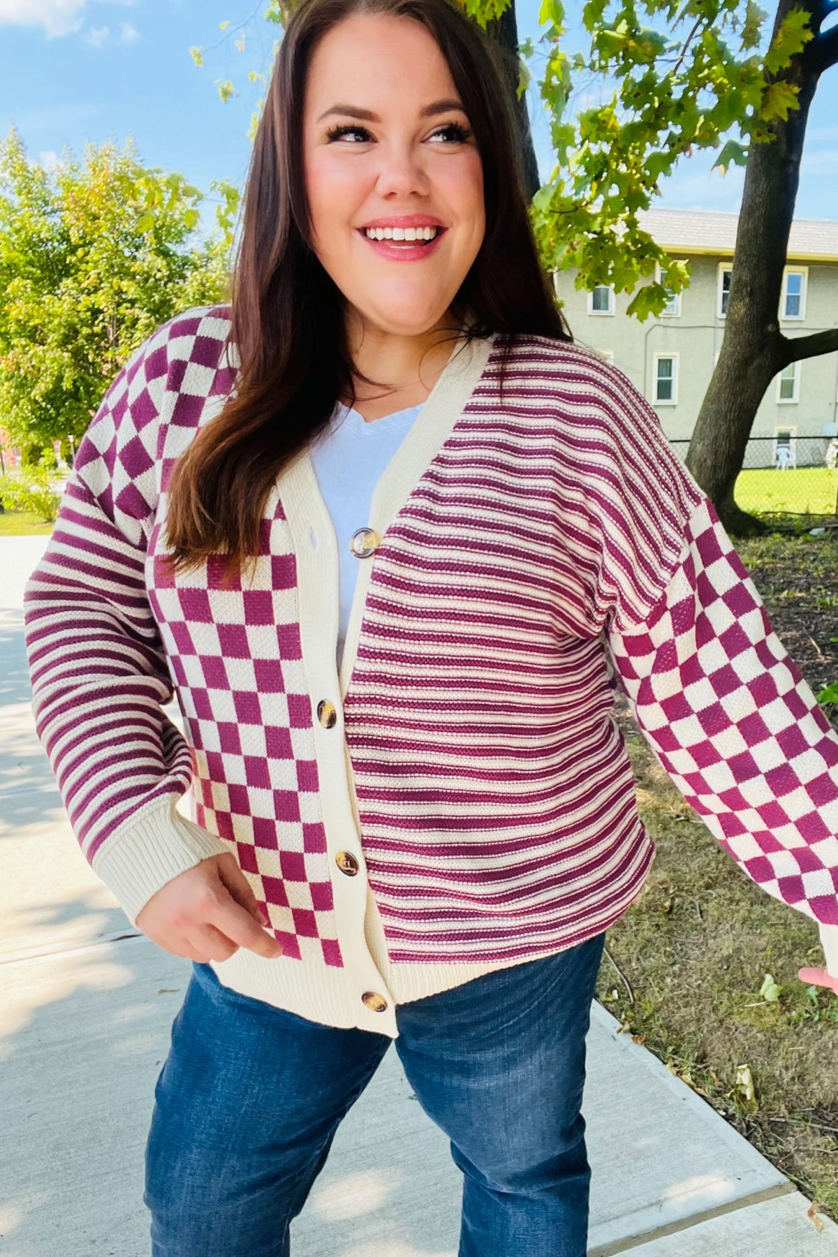 Haptics Magenta Checkered & Striped Button-Down Cardigan