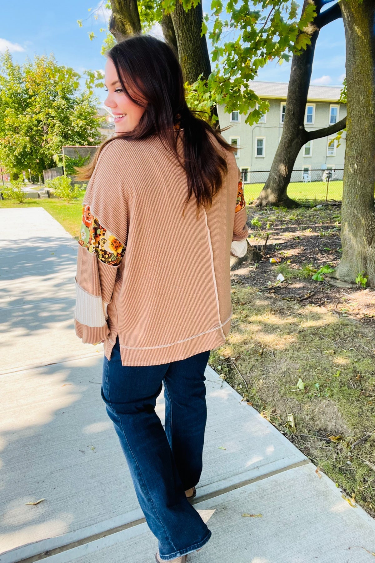 Haptics Caramel Floral Print Colorblock Notch Neck Top