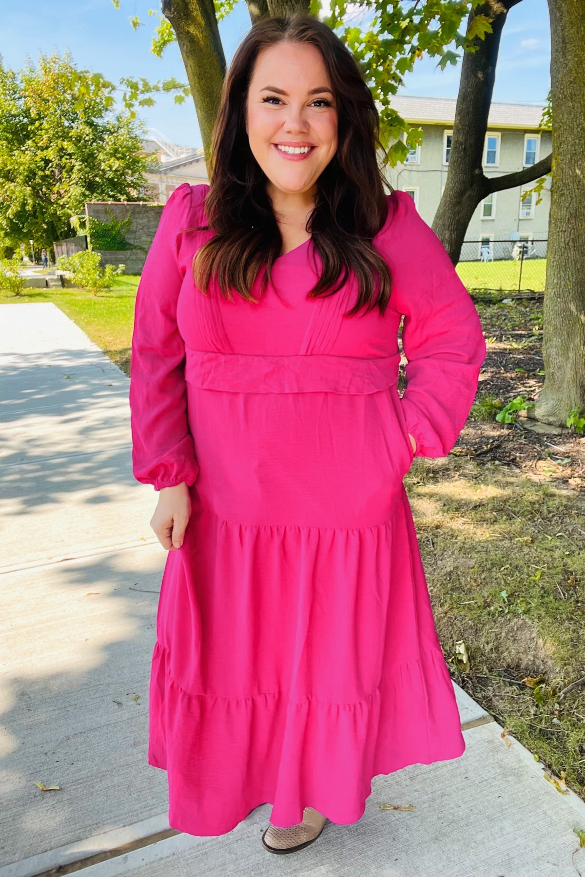 Haptics Berry Pintuck Detail Frill V Neck Maxi Dress