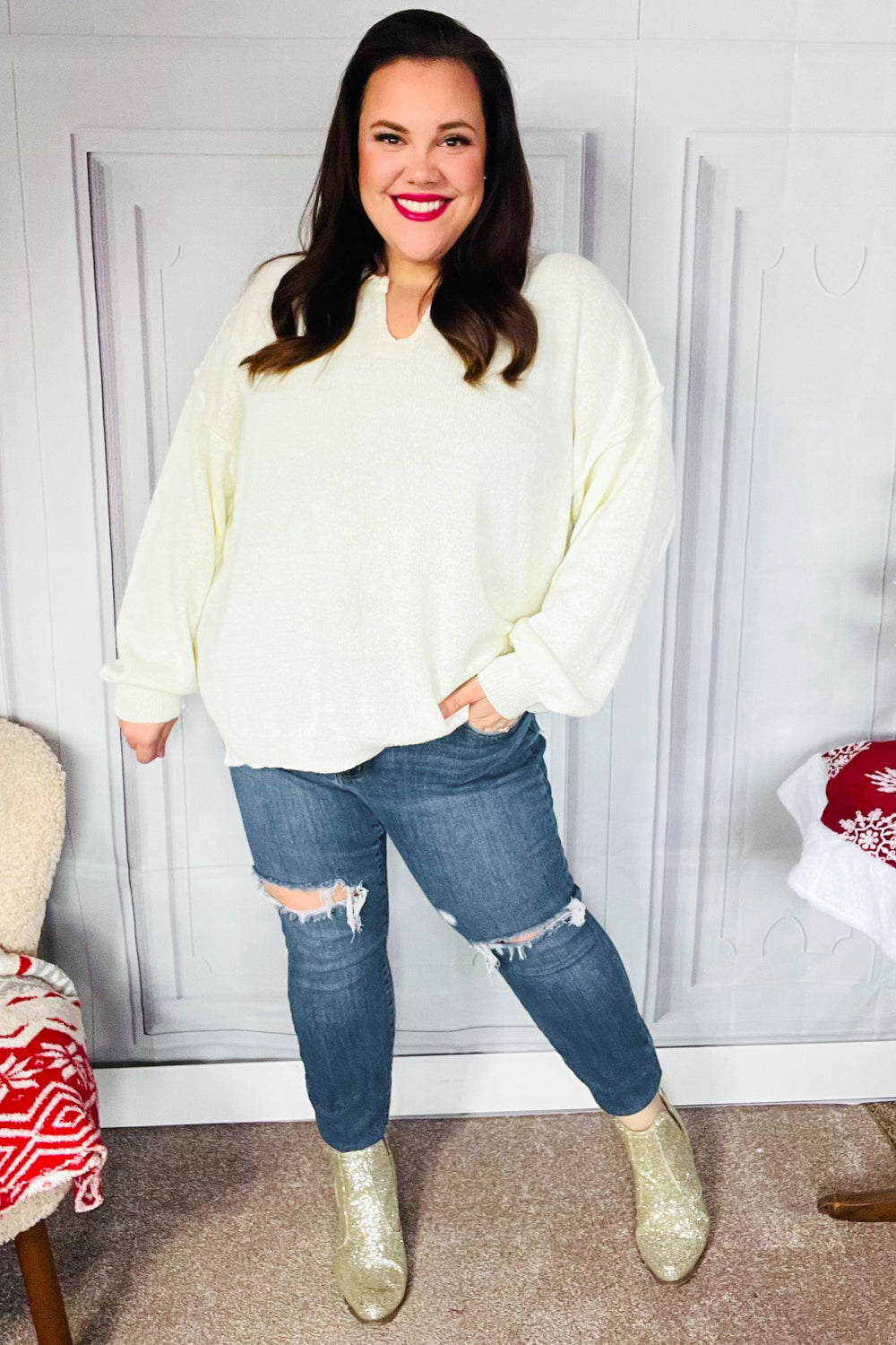 Ivory Notched Neck With Patch Oversized Sweater