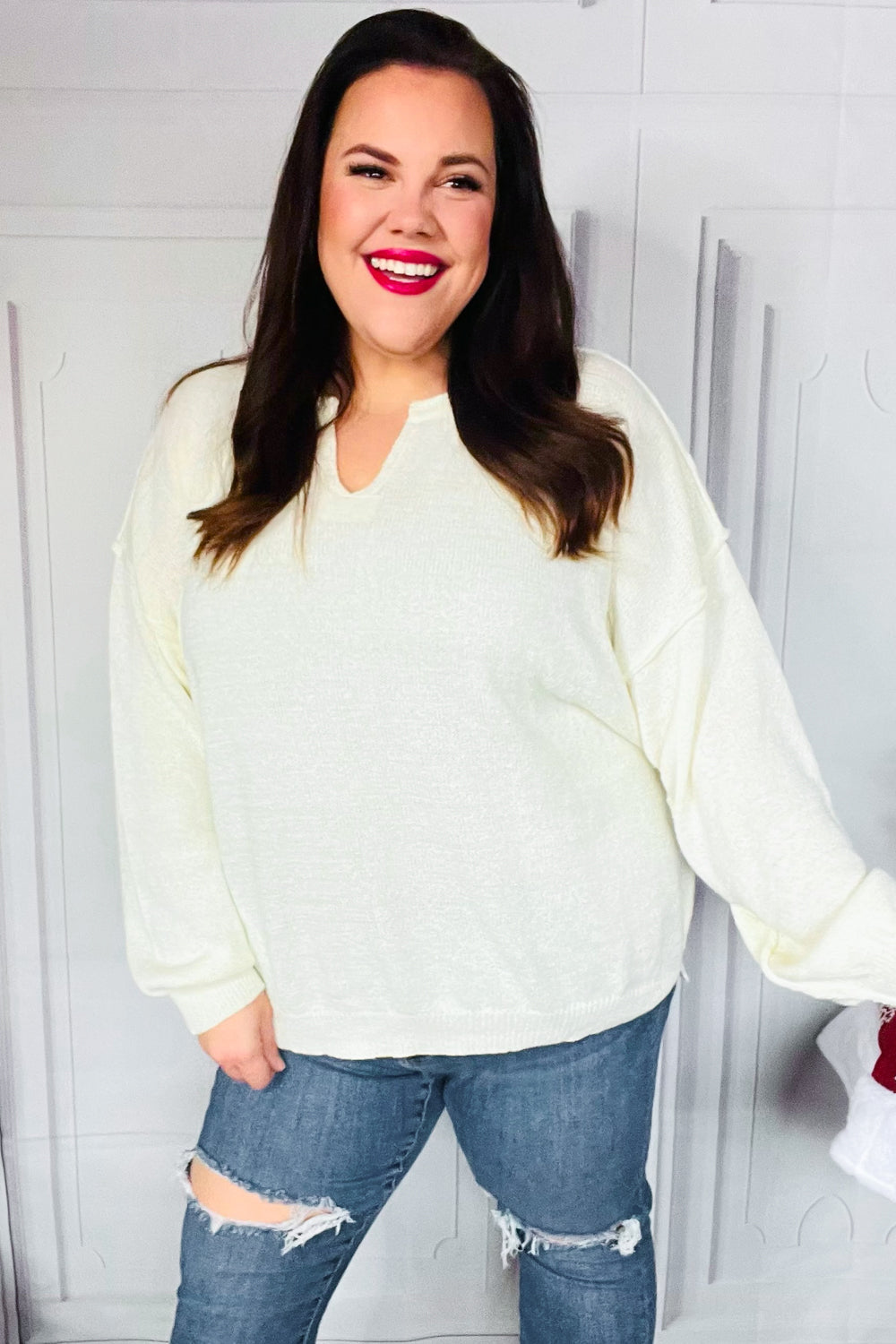 Ivory Notched Neck With Patch Oversized Sweater