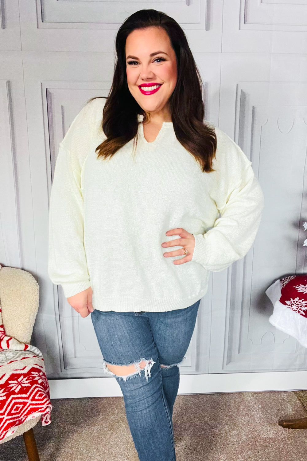 Ivory Notched Neck With Patch Oversized Sweater