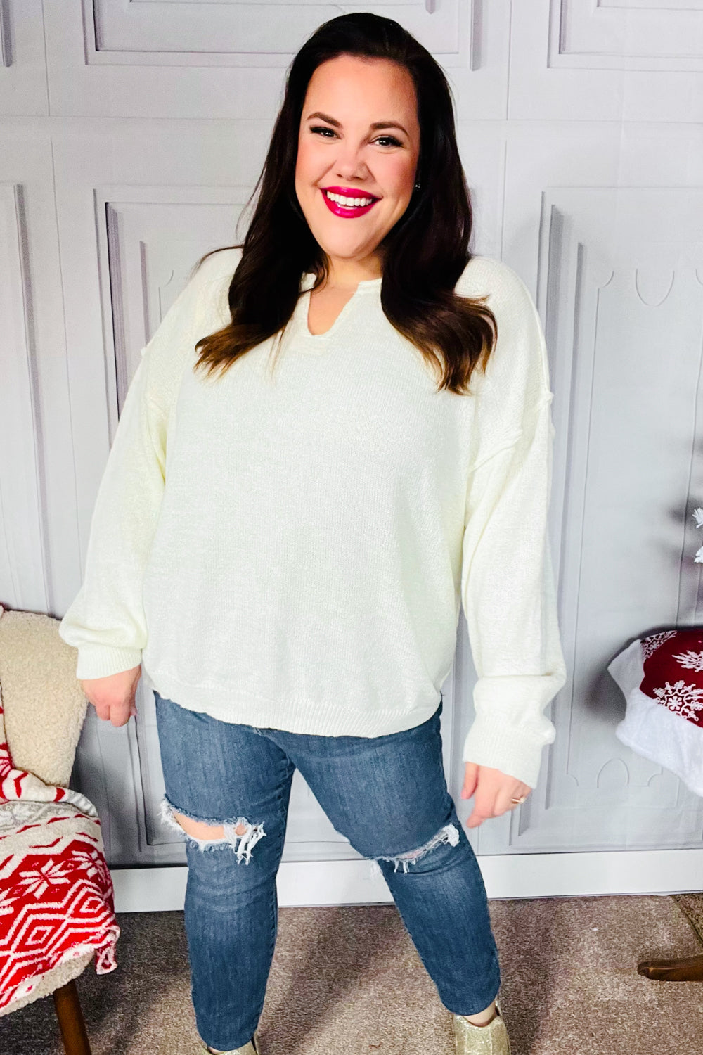 Ivory Notched Neck With Patch Oversized Sweater