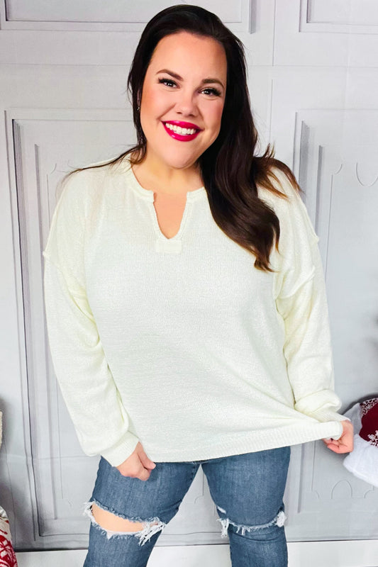 Ivory Notched Neck With Patch Oversized Sweater