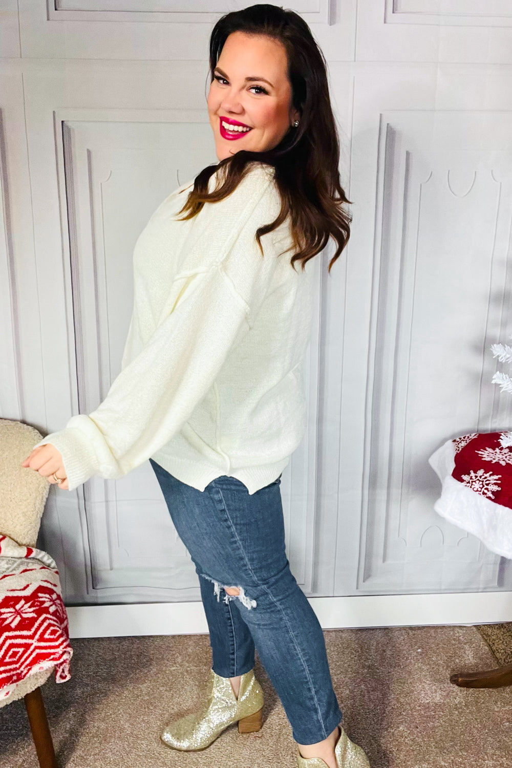 Ivory Notched Neck With Patch Oversized Sweater