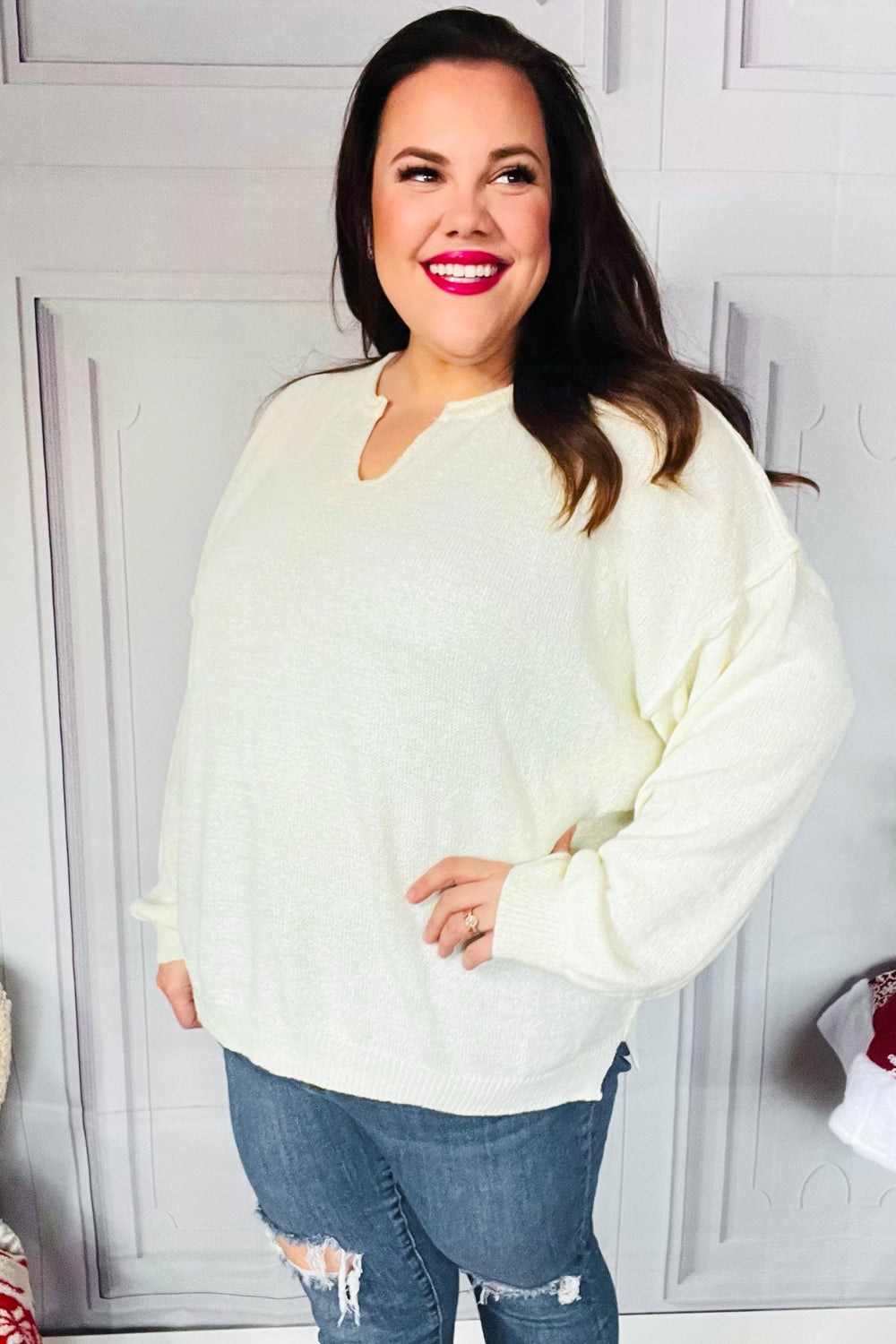 Ivory Notched Neck With Patch Oversized Sweater